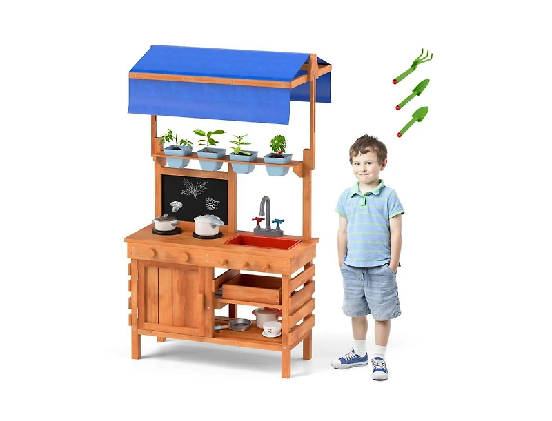 Wooden Pretend Play Kitchen with Height Adjustable Canopy for Kids