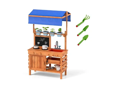 Wooden Pretend Play Kitchen with Height Adjustable Canopy for Kids