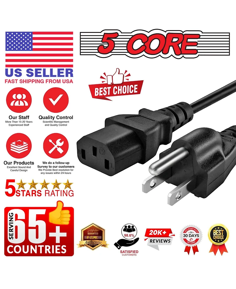 5Core Ac Power Cord 10Ft 2 Prong Us Male to Female Extension Adapter 16AWG/2C 125V 13A