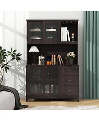 Gymax Kitchen Pantry Storage Cabinet Kitchen Hutch w/ Led lights & Power Outlet Dark