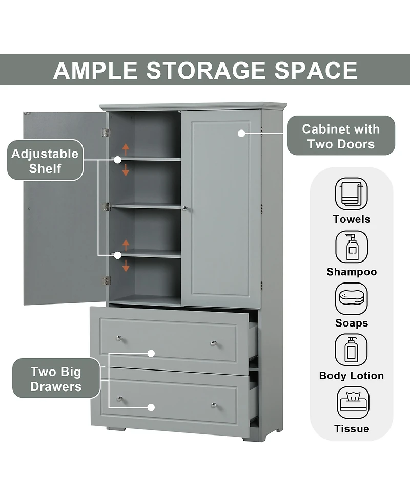 Casainc Wide Bathroom Storage Cabinet, Freestanding Unit with Two Drawers and Adjustable Shelf