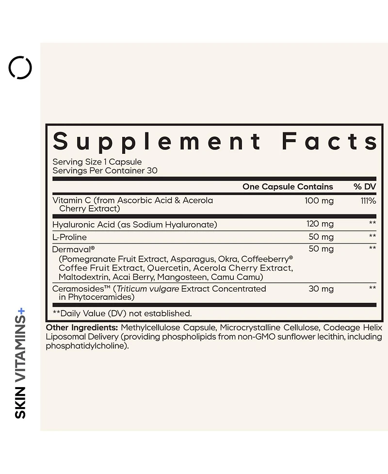 Codeage Skin Vitamins+ Supplement – Dermaval, Hyaluronic Acid, Coffeeberry, Vitamin C – Skin Elasticity, Wrinkle & Moisture Support, 30 Capsules