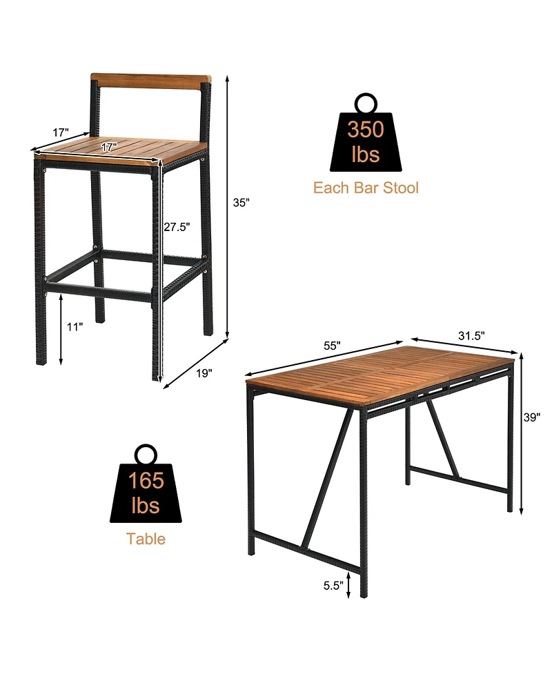 Gymax 7pieces Outdoor Acacia Wood Dining Set Pe Rattan Patio Bar Set with Umbrella Hole