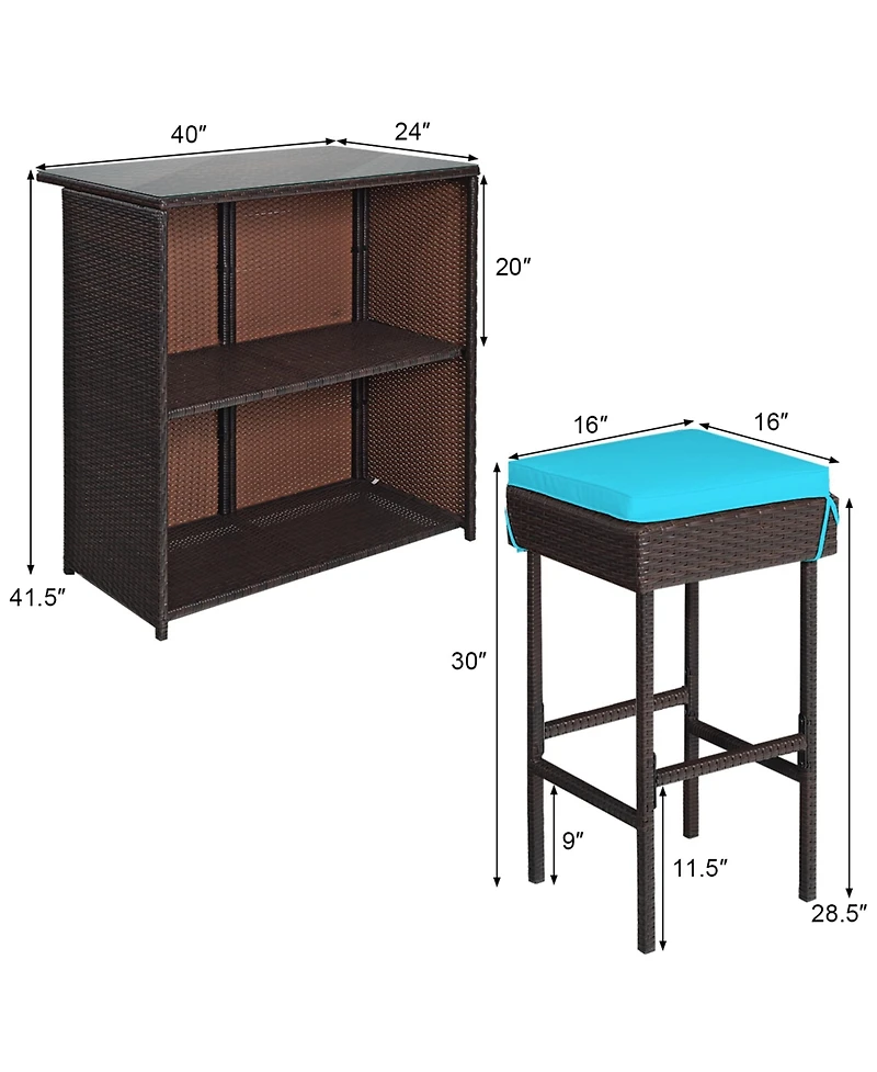 Gymax 3Pieces Rattan Patio Bar Table And Stool Set Dining Set