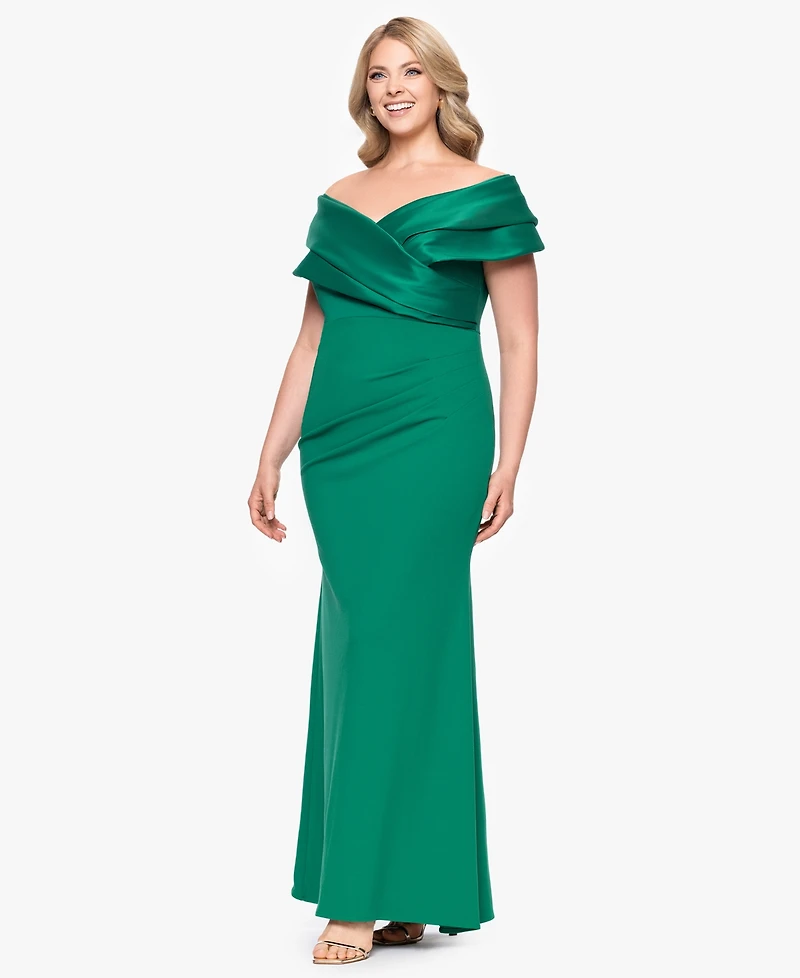 Betsy & Adam Plus Mixed-Material Off-The-Shoulder Gown