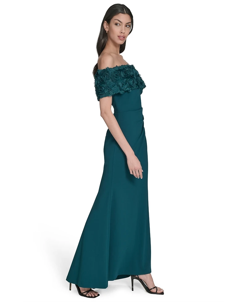 Eliza J Petite Rosette-Trim Off-The-Shoulder Evening Gown