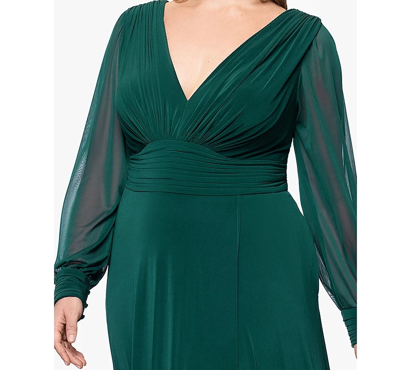 Betsy & Adam Plus Long Sleeve Chiffon V-Neck A-Line Dress