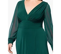 Betsy & Adam Plus Long Sleeve Chiffon V-Neck A-Line Dress