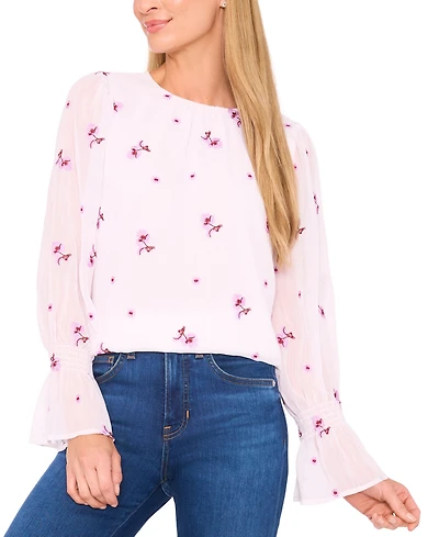 CeCe Women's Long Sleeve Embroidered Smocked Cuff Top