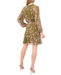 CeCe Women's Long Balloon Sleeve Tie Neck Dress