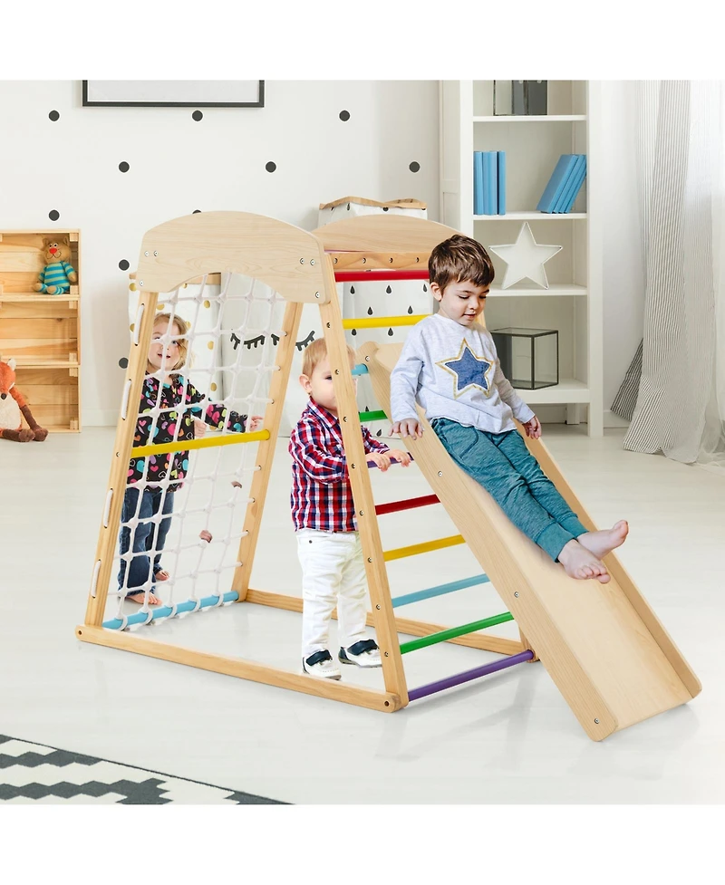 Akiudex 6-in-1 Wooden Indoor Playground with Slide, Climbing Ladder, Rock Wall, and Monkey Bars
