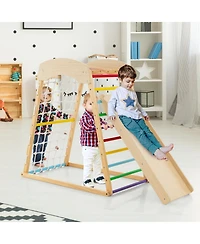 Akiudex 6-in-1 Wooden Indoor Playground with Slide, Climbing Ladder, Rock Wall, and Monkey Bars