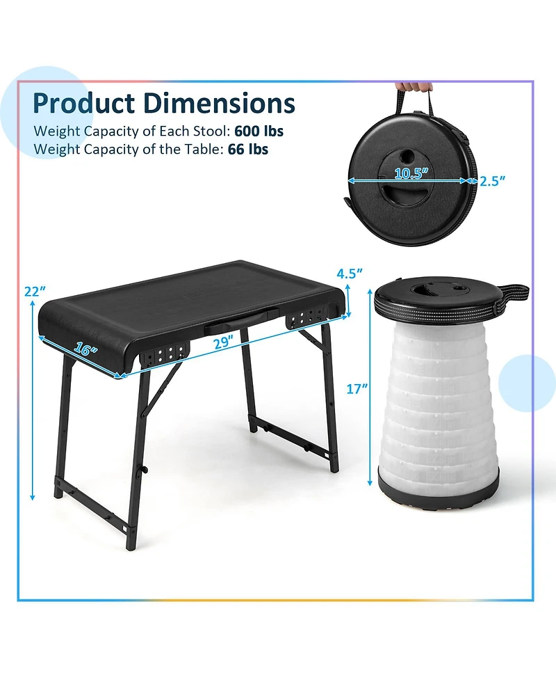 Akiudex 3-Piece Folding Camping Table and Led Stool Set