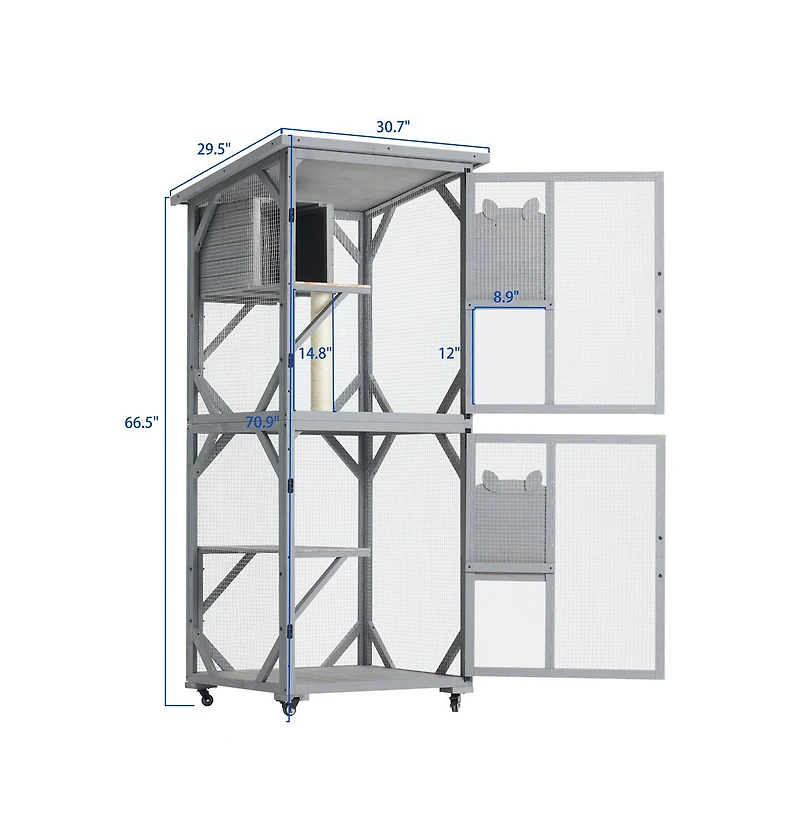 Aostirmotor 70.9 in. H Outdoor Cat Enclosure on Wheels with Upgraded Resting Box Waterproof Roof in Gray