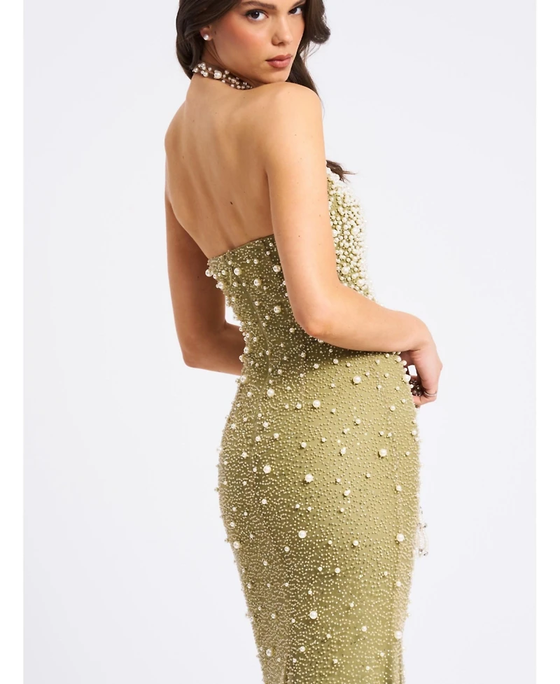 Miss Circle Women's Ginny Pear Green Pearl Embellished Backless Gown