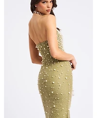 Miss Circle Women's Ginny Pear Green Pearl Embellished Backless Gown