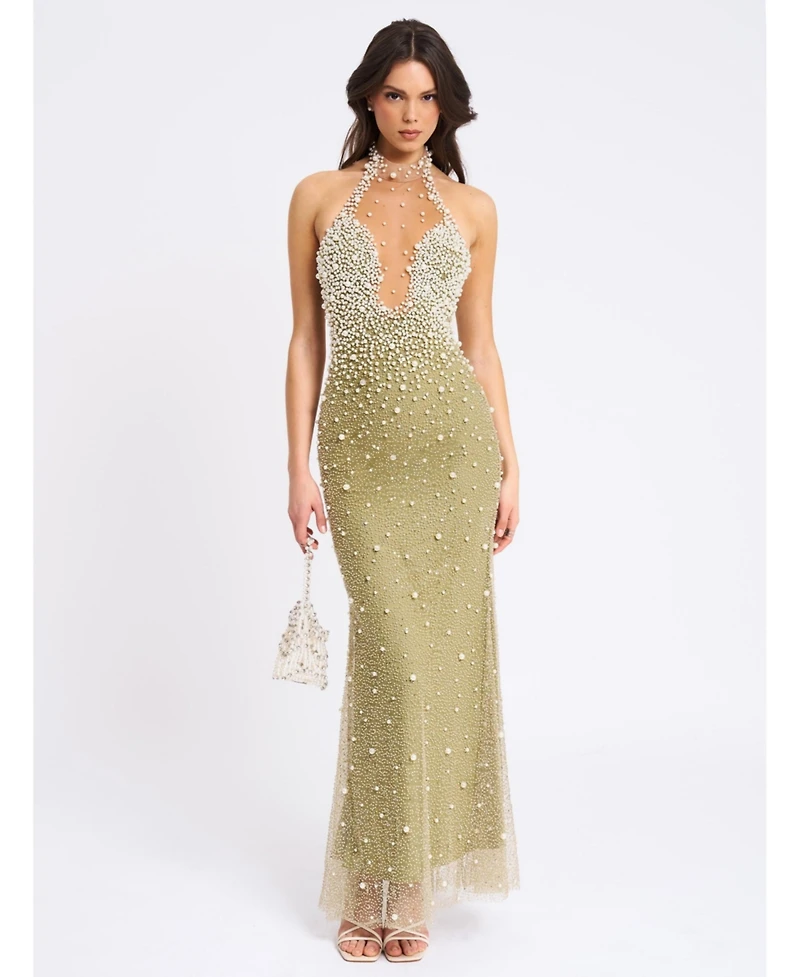 Miss Circle Women's Ginny Pear Green Pearl Embellished Backless Gown