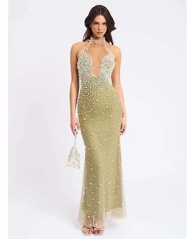Miss Circle Women's Ginny Pear Green Pearl Embellished Backless Gown