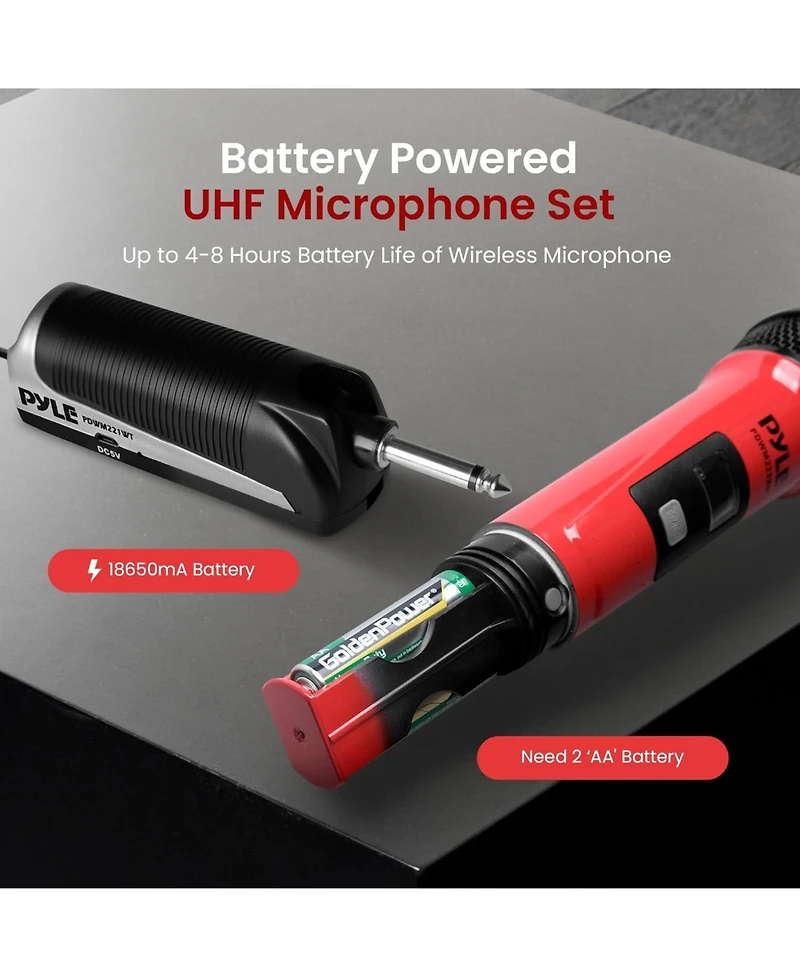 Pyle Portable Universal Wireless Microphone System, Uhf Quad Channel Addressable Frequency, Includes (4) Handheld Microphones (Red)