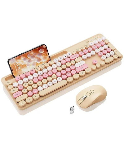 Risokeys Wireless Keyboard and Mouse Combo with Round Keycaps, Retro Typewriter Keyboard with Phone/Tablet Holder, Full Size Keyboard for Windows/Comp