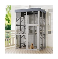 Aostirmotor 70.5 in. H Outdoor Wooden Cat Enclosure with 6 Jumping Platforms 2 Napping Houses Movable tarp cover in Gray