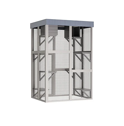 Aostirmotor 70.5 in. H Outdoor Wooden Cat Enclosure with 6 Jumping Platforms 2 Napping Houses Movable tarp cover in Gray