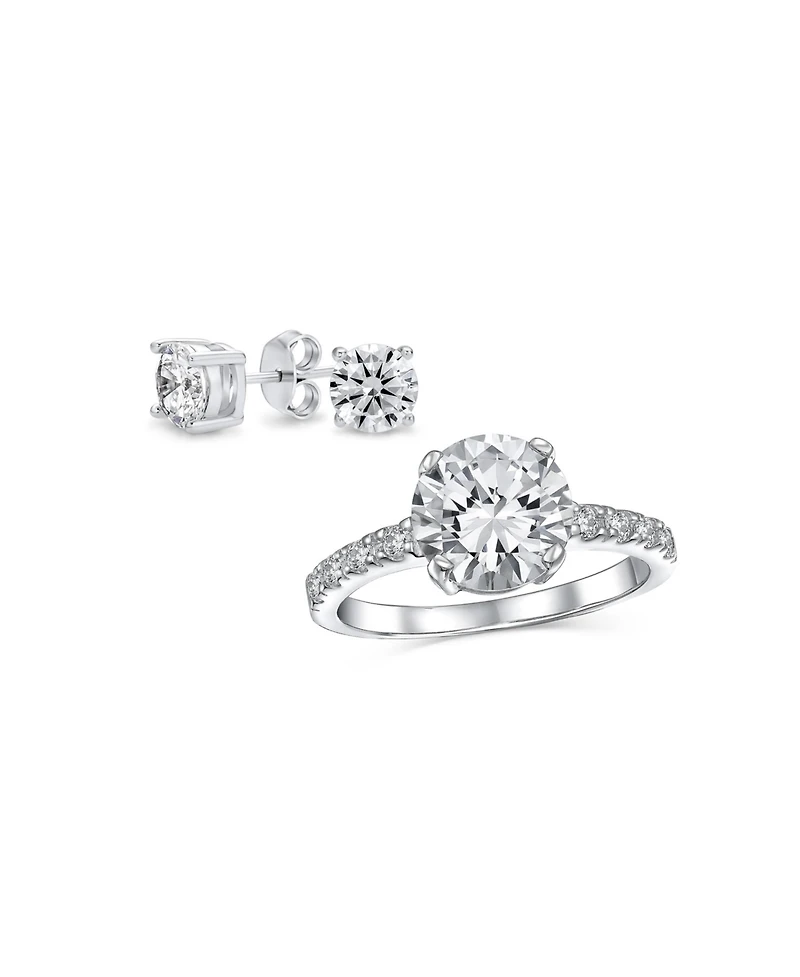 Bling Jewelry Classic Sterling Silver 2-Pc. Cz Promise Ring & Stud Earring 3 Ct Solitaire Round-Cut Center Stone
