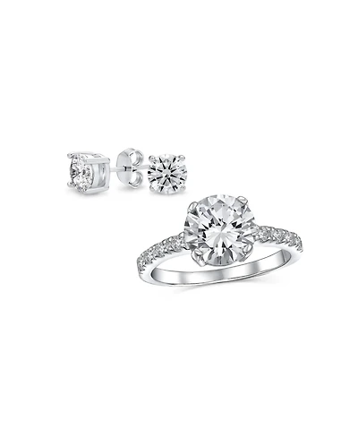 Bling Jewelry Classic Sterling Silver 2-Pc. Cz Promise Ring & Stud Earring 3 Ct Solitaire Round-Cut Center Stone