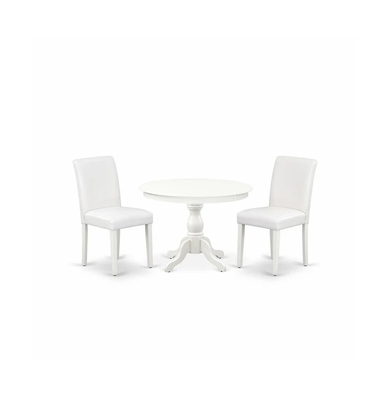 East West Furniture 3 Piece Dining Room Set - Linen White Dinning Table and 2 White Faux Leather Comfortable Chairs with High Back