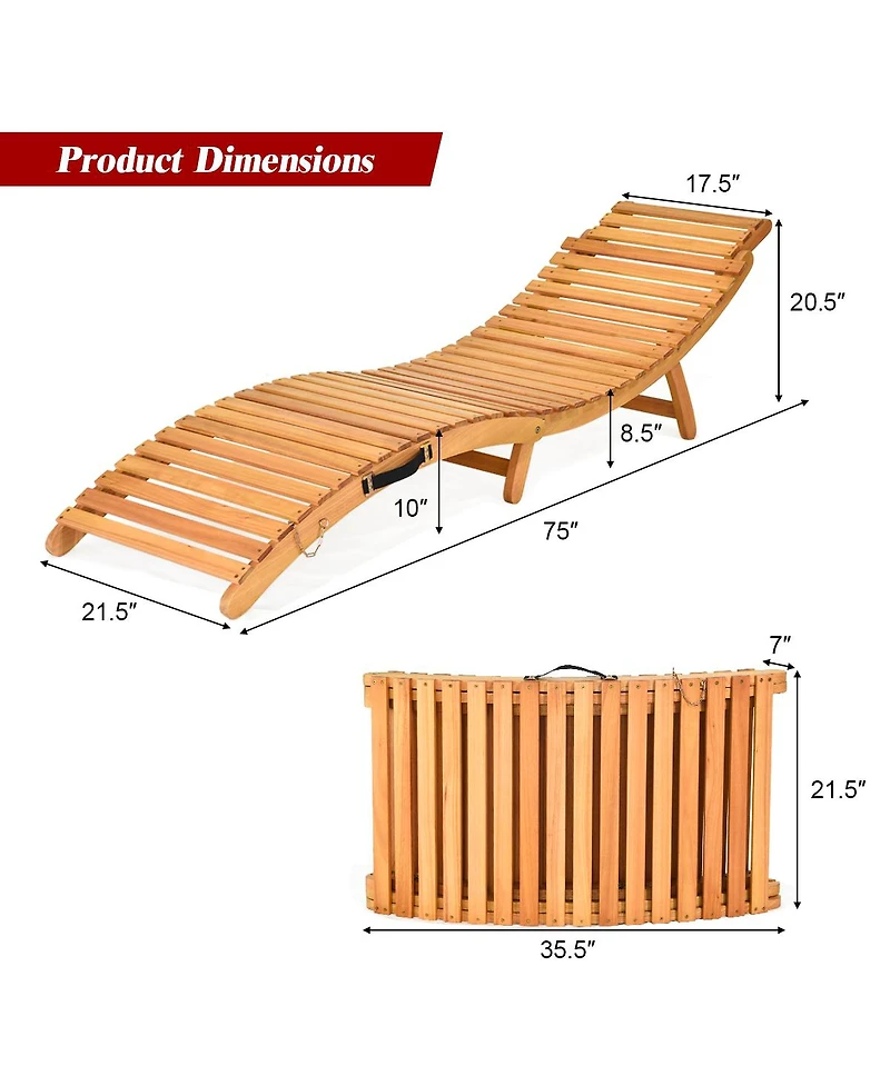 Costway Folding Wooden Outdoor Lounge Chair Chaise Red/White Cushion Pad Pool Deck