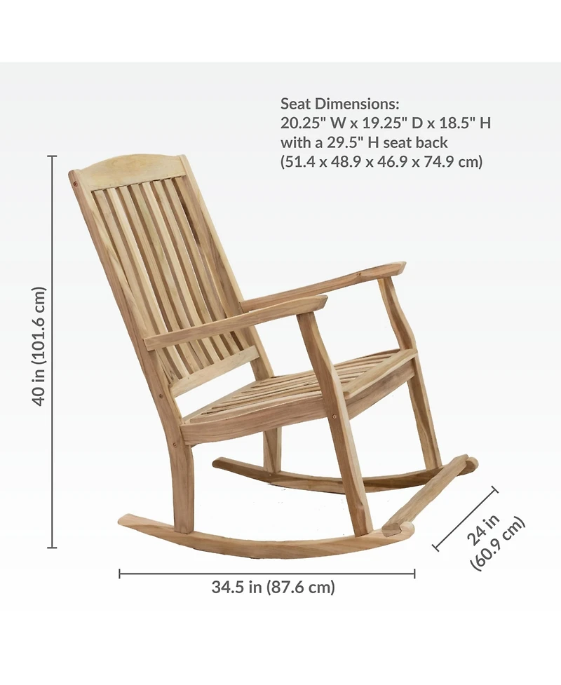 Sunnydaze Decor Teak Wood Outdoor Porch Rocking Chair with Slatted Back, 275 lb Capacity, Unfinished