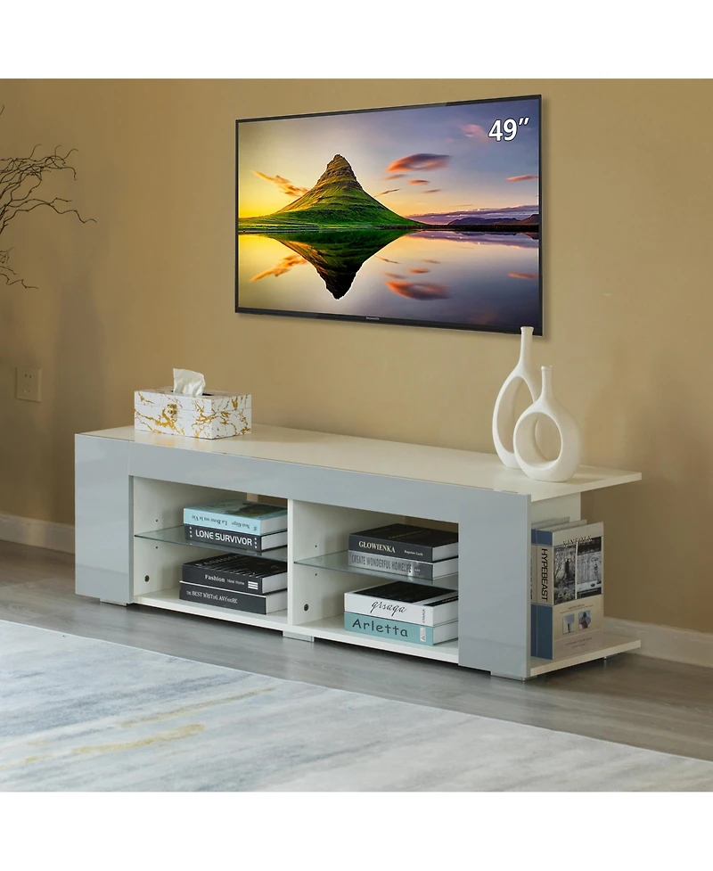 Basicwise White Entertainment Tv Stand with Led Lights and Glass Shelves with Uv Frame