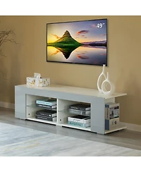 Basicwise White Entertainment Tv Stand with Led Lights and Glass Shelves with Uv Frame