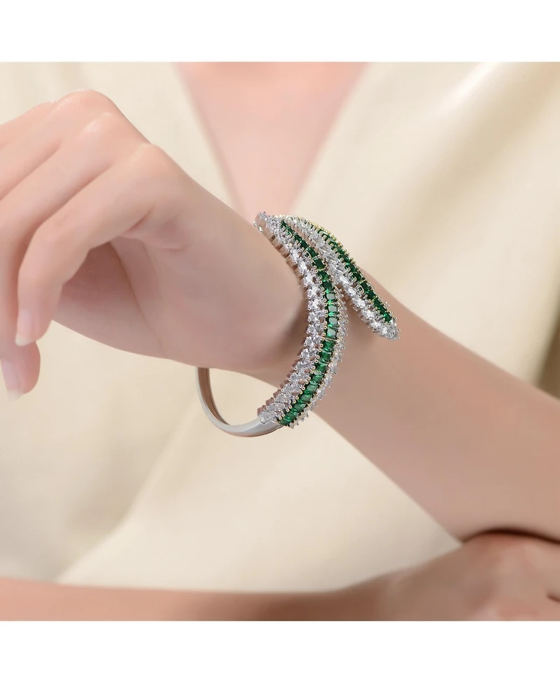Genevive Sterling Silver White Gold Plated with Green or Blue Cubic Zirconia Bangle Bracelet