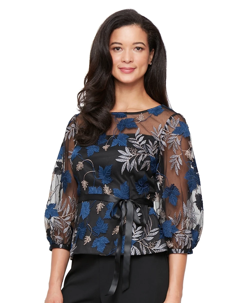 Alex Evenings Women's 3/4-Sleeve Embroidered Blouse