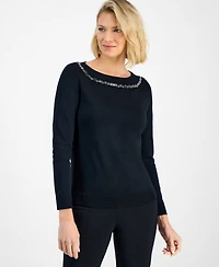 Jm Collection Women's Rhinestone-Trim Sweater, Macy's Exclusive