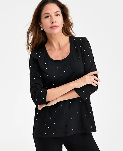 Jm Collection Women's Rhinestone Embellished Cotton 3/4-Sleeve Top, Macy's Exclusive