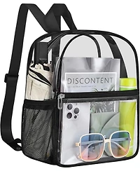 Clear Backpack Stadium Approved 12×12×6 Clear Mini Backpack Small Transparent Backpack for Concert, Beach, Work, Travel & Sporting Black