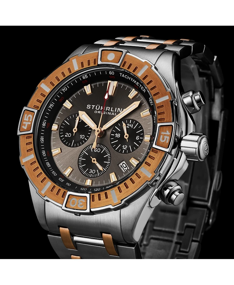 Stuhrling 1022 Men s Chronograph Watch Quartz Movement Gunmetal Dial Black Subdials Black Bezel Two Tone Stainless Steel Bracelet 50M Water Resistant