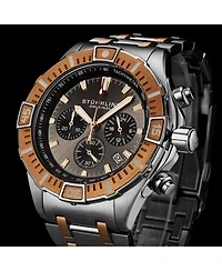 Stuhrling 1022 Men s Chronograph Watch Quartz Movement Gunmetal Dial Black Subdials Black Bezel Two Tone Stainless Steel Bracelet 50M Water Resistant