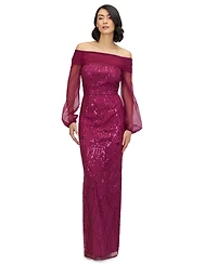 Js Collections Women's Savannah Embellished Off the Shoulder Long Sleeve Chiffon Column Gown