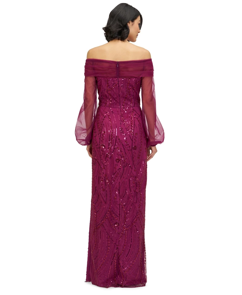 Js Collections Women's Savannah Embellished Off the Shoulder Long Sleeve Chiffon Column Gown