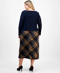 Connected Plus Sweater-Top Plaid-Skirt Dress