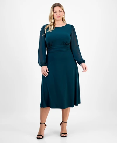 Connected Plus Shirred-Waist Sheer-Sleeve Midi Dress