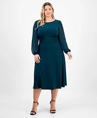 Connected Plus Shirred-Waist Sheer-Sleeve Midi Dress