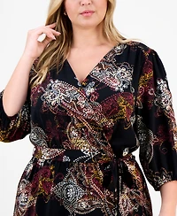 Connected Plus Woven Long-Sleeve Tie-Waist Dress