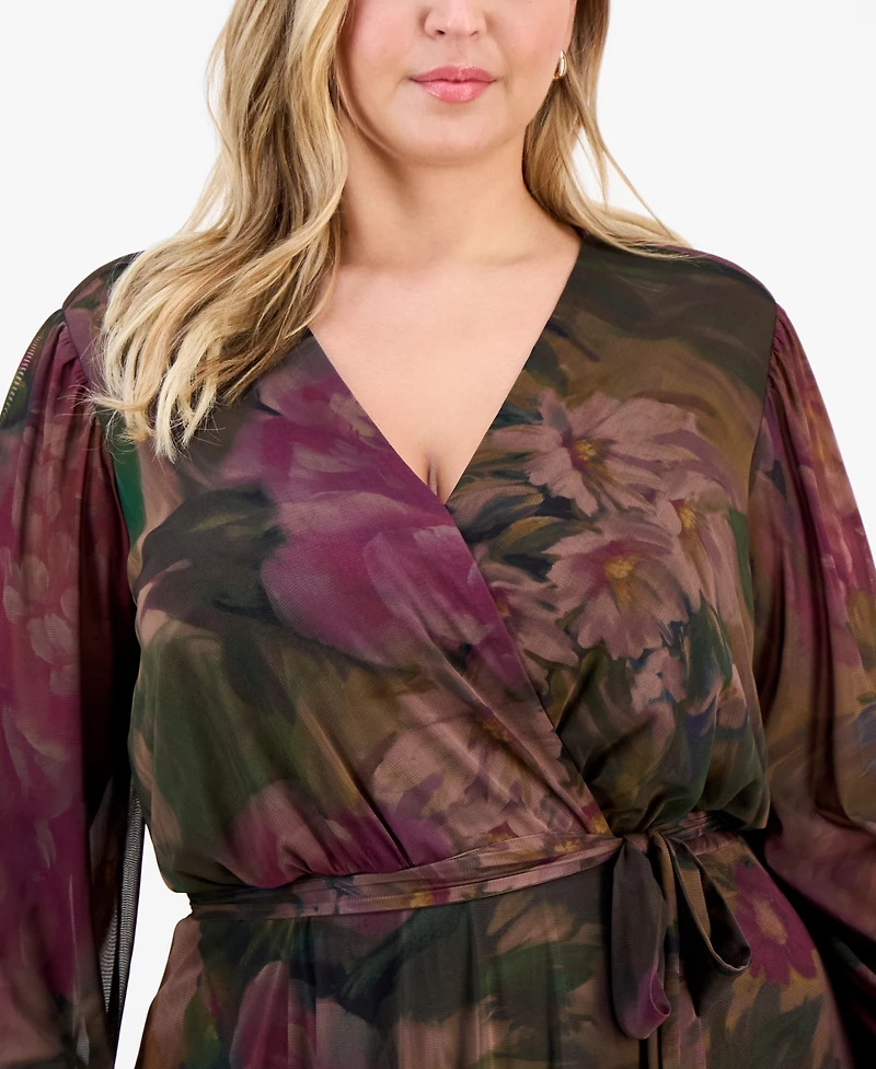 Robbie Bee Plus Long-Sleeve Printed Mesh A-Line Dress