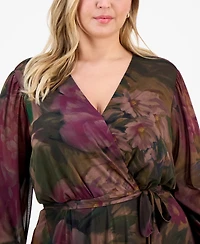 Robbie Bee Plus Long-Sleeve Printed Mesh A-Line Dress