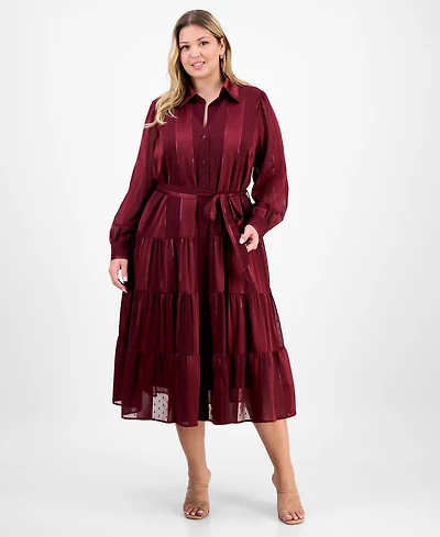 Robbie Bee Plus Long-Sleeve Satin Stripe Shirtdress