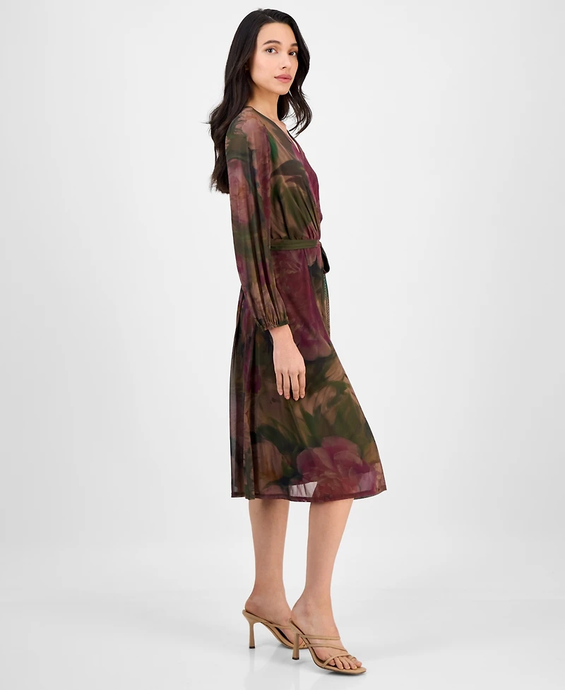 Robbie Bee Petite Long-Sleeve Printed Mesh Midi Dress